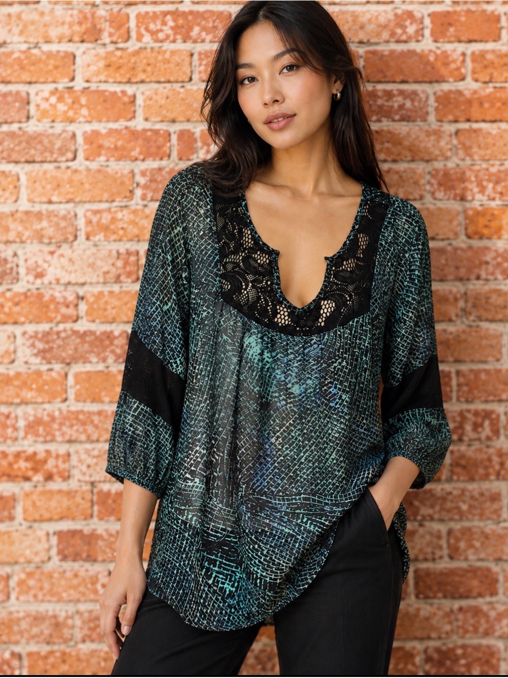 Como Vintage Semi Sheer Black and Blue Peasant Blouse